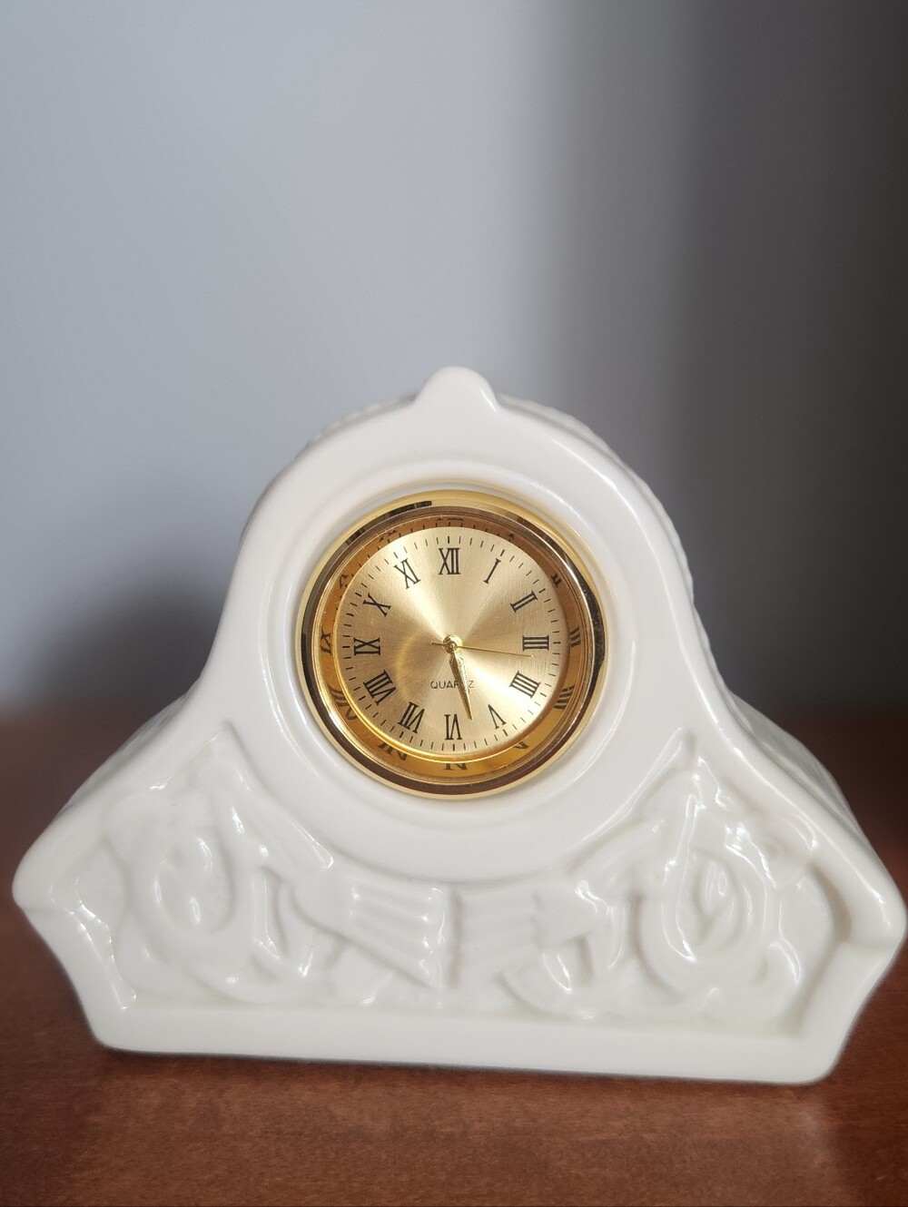 Beleek White Parian Porcelain Mini Desk Clock with New Gold Dial -